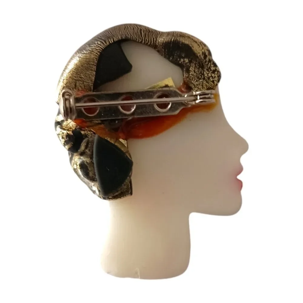 Lady Head Brooch Harlequin Cloche Wrap Hat Art Deco Flapper Acrylic Vintage 90s.